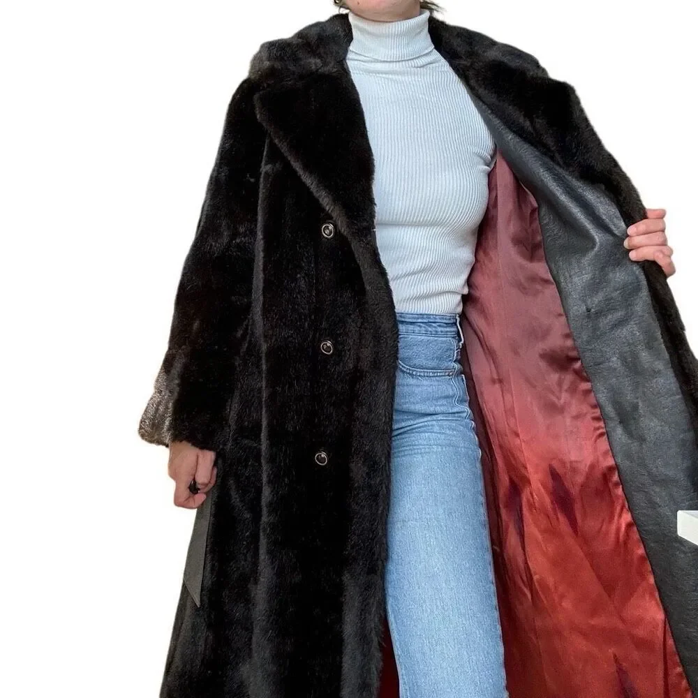 Vintage 70s Diamonte Faux Fur Coat Black Brown Mob Wife Size Medium Classic - Picture 5 of 10